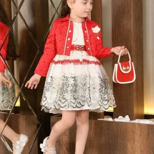 👑 فستان بناتي أنيق مع جاكيت وشنطة مطابقة 🌸
