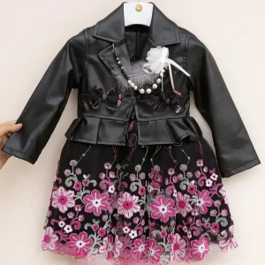 👗 فستان بناتي أنيق بلمسة جلد فاخرة 🌸