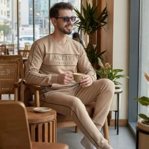 طقم شتوي رجالي فليس نوع اول فخم ومريح (بيج)😎