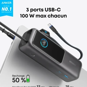 PowerBank Anker (25K, 165 W, câble intégré + câble rétractable)