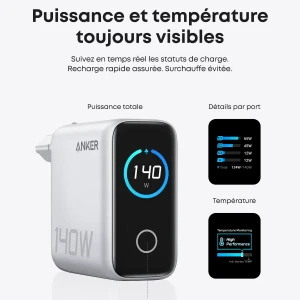 Chargeur Anker Zolo (140 W, 4 ports, PD 3.1) avec câble USB-C