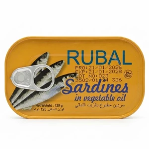 علبة سردين مطبوخ بالزيت النباتي من ماركة RUBAL، بوزن صافٍ يبلغ 12