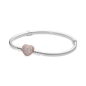 SNAKE CHAIN SILVER BRACELET WITH ROSE GOLD-PLATED HEART CLASP