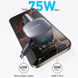 Anker Nano Car charger (75W, USB-C Port, retractable USB-C