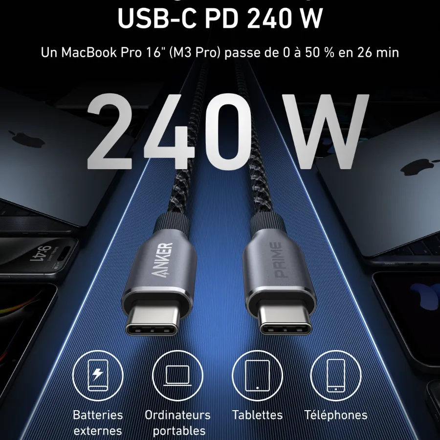Anker Prime USB-C to USB-C Cable (240W,6ft, Upcycled- braided