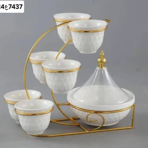 تمرية سيراميك راقية مع ستاند ذهبي + فناجين قهوة