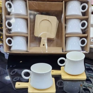 طقم أكواب سيراميك بيد سيسر خشبي مع حمالة خشبية أنيقة