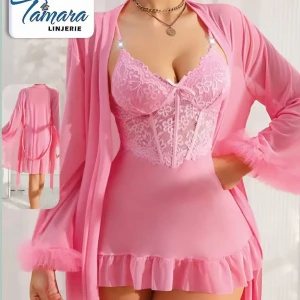 قميص نوم قصير بروب تل و دانتيل مستورد