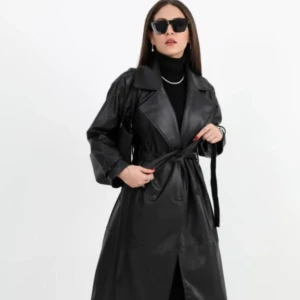 *معطف جلد صناعي مع حزام خصر